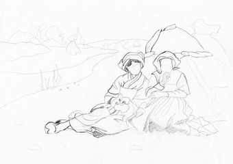 picnic in the field drawing