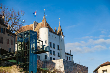 The medieval Nyon Castle (Chateau de Nyon) in a sunny day, Vaud, Switzerland.