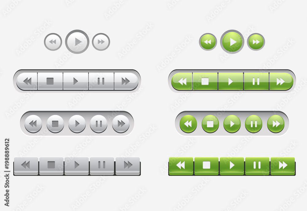 Poster set of interface navigation buttons, media buttons in white and green color