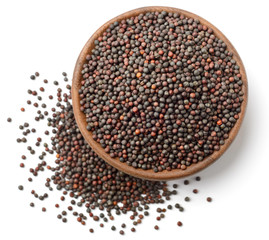 dried canola seeds in the wooden plate, isolated on white, top view