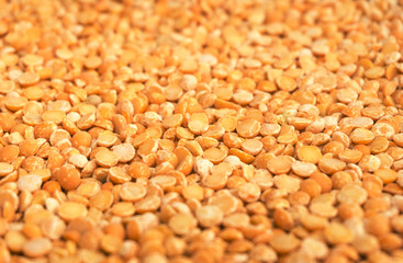 Yellow dry peas background texture, split dried peas closeup