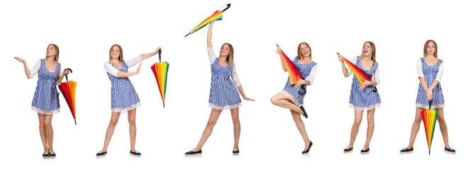 Woman with umbrella isolated on white