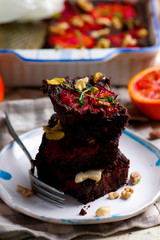 salty blood orange brownies with nuts and thyme