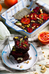 salty blood orange brownies with nuts and thyme