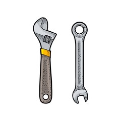 Adjustable wrench. Vintage vector engraving illustration