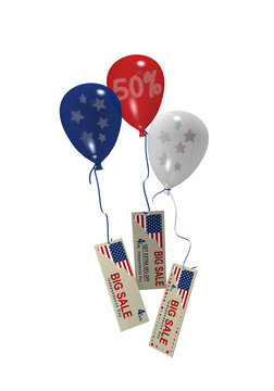Luftballons in rot, blau und weiß mit Sale 50% und Werbebanner für den amerikanischen Unabhänigkeitstag. 3d render