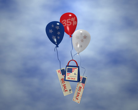 Luftballon mit Sternen, Sale 35%, Papiertasche und Werbebanner mit Wolkenhimmel für den 4. Juli. 3d render