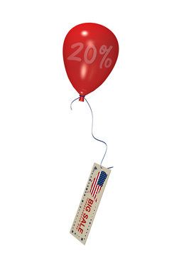 roter Luftballon mit Sale 20% und Werbebanner für den 4. Juli. 3d render