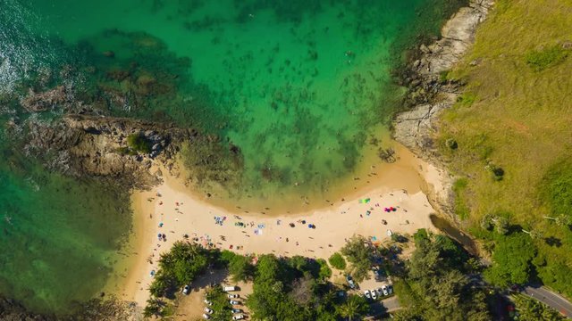 sunny day phuket island crowded beach aerial down view 4k timelapse thailand
