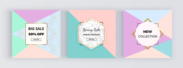 Modern social media promotion banner, geometric shapes, pastel colors triangles background. Square template for designs card, flyer, invitation, party, mobile apps, email, web, poster, presentations