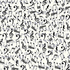 Classical music lettering and notes on white. Seamless background. Vector image.