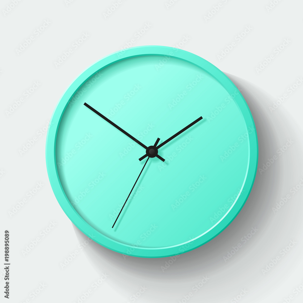 Poster simple wall green clock in realistic style, minimalistic timer on light background. business watch. 