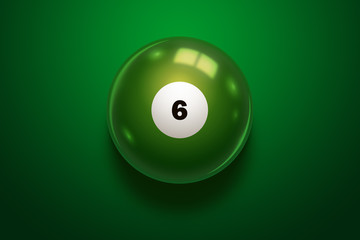 Black realistic billiard eight ball on green table.