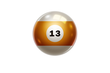 Billiards, Orange ball with number 13, thirteen, isolated on white background. Snooker. Illustration.