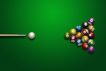 sports theme with billiards, a full set of billiard balls, cue, on a green background. top view, flat lay, copy space, snooker. illustration - obrazy, fototapety, plakaty