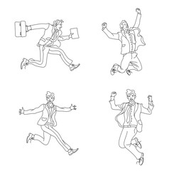 Businessman in different emotions and expressions. Businessperson in casual office look.various poses jumping people character. hand drawn style vector design outline.Jumping businessman