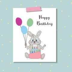 Cute little bunny with balloons and words Happy Birthday.