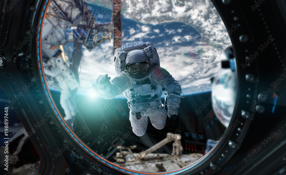 Poster astronaut working on a space station 3d rendering elements of this image furnished by nasa