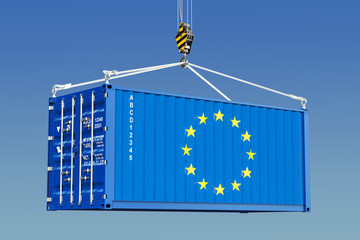 Cargo container with EU flag hanging on the crane hook against blue sky, 3d rendering - obrazy, fototapety, plakaty