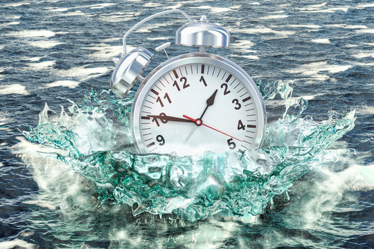 Alarm clock drowning in the sea, 3D rendering