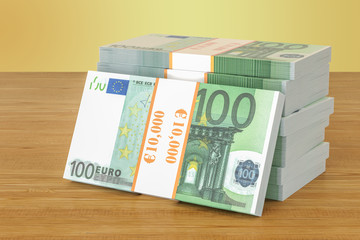Euro packs on the wooden table. 3D rendering - obrazy, fototapety, plakaty