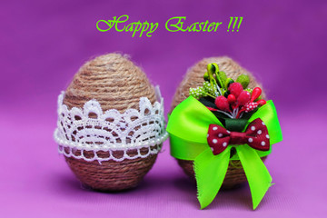 Purple background with Easter eggs. Inscription. Concept Happy Easter, holiday, greeting Christianity.