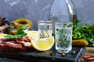 Two shot glasses of vodka with lemon slice, pickled cucumbers and rye bread with salted bacon on the dark background. Traditional strong drink and appetizer. Close-up.