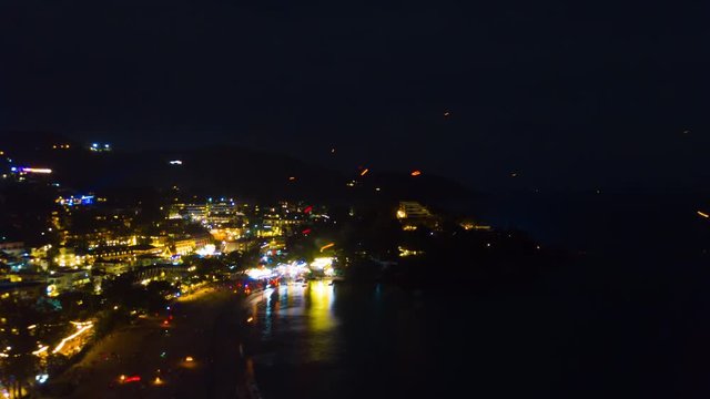 night illuminated phuket island beach crowded holiday aerial panorama 4k timelapse thailand
