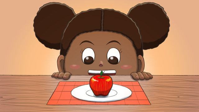 Close-up illustration of a black girl staring at an apple on the table.