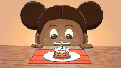 Close-up illustration of a black girl staring at a mini birthday cake on the table.