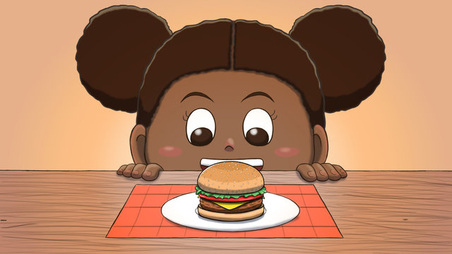 Close-up illustration of a black girl staring at a hamburger on the table.