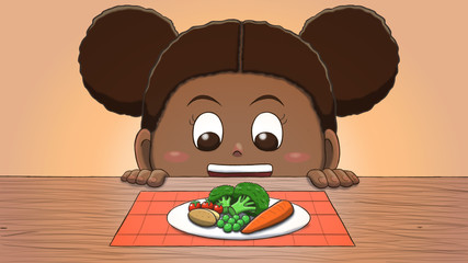 Close-up illustration of a black girl staring at vegetables on the table.