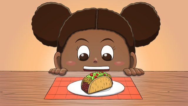 Close-up illustration of a black girl staring at a taco on the table.