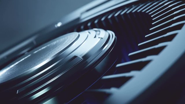 Video card cooler. Closeup view.
Slow motion cooler animation of a modern powerful video card. Loopable. 4k resolution. 