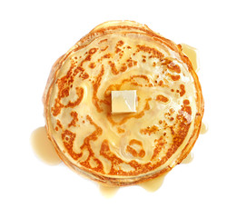 Stack of thin pancakes with butter on white background, top view