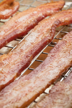 Macro close up on fried bacon strips with grease bubbles, on a wire cooling rack