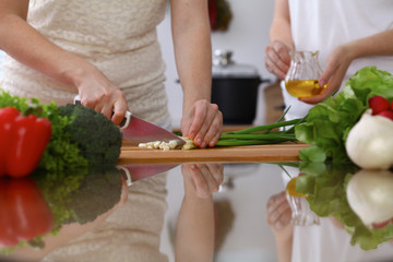 Closeup of human hands cooking in kitchen. Mother and daughter or two female cutting green onion for salad. Healthy meal, vegetarian food and lifestyle concepts