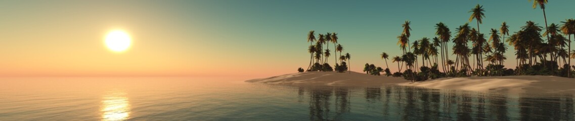 panorama of a tropical beach with palm trees,
3D rendering
