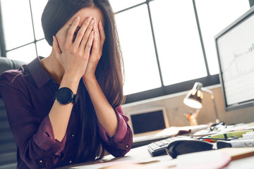 Cry, unhappy, bad mood. Woman closed hands her face