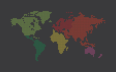 Dotted world map. Continents of the World map with colorful dots on dark background. 