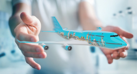Businessman with plane and famous landmarks of the world 3D rendering
