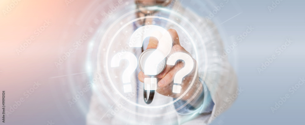 Fototapete doctor using digital question marks interface 3d rendering