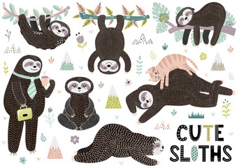 Cute sleeping sloths collection with mountains, plants and flowers. Funny characters in different poses. Vector illustration