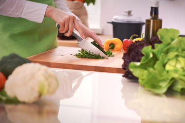 Close Up of human hands cooking vegetable salad in kitchen on the glass table with reflection. Healthy meal, and vegetarian food concept