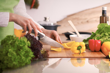 Close Up of human hands cooking vegetable salad in kitchen on the glass table with reflection. Healthy meal, and vegetarian food concept