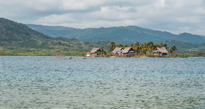 kuna village on island, wooden houses on water, Guna Yala, Panama