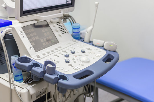 Close-up of ultrasound machine in clinic. Modern hospital with high technology equipment. Health care, diagnostic and disease prevention concept