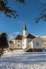 Fototapeta na wymiar Moskenes Church during winter. Lofoten, Norway