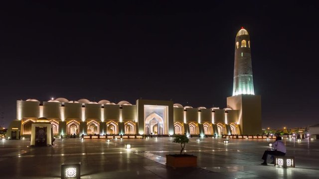 night illumination doha city mosque front square panorama 4k timelapse qatar
