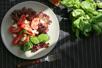 Plate of tomato salad with sun ray on table